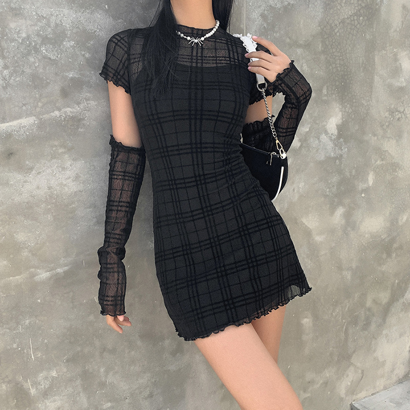 Gothic style black plaid mini dress with removable sleeves, perfect for casual outings and fun fashion statements.