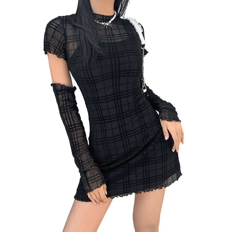 Gothic style plaid mini black dress with removable sleeves, perfect for casual outings and stylish accessories.