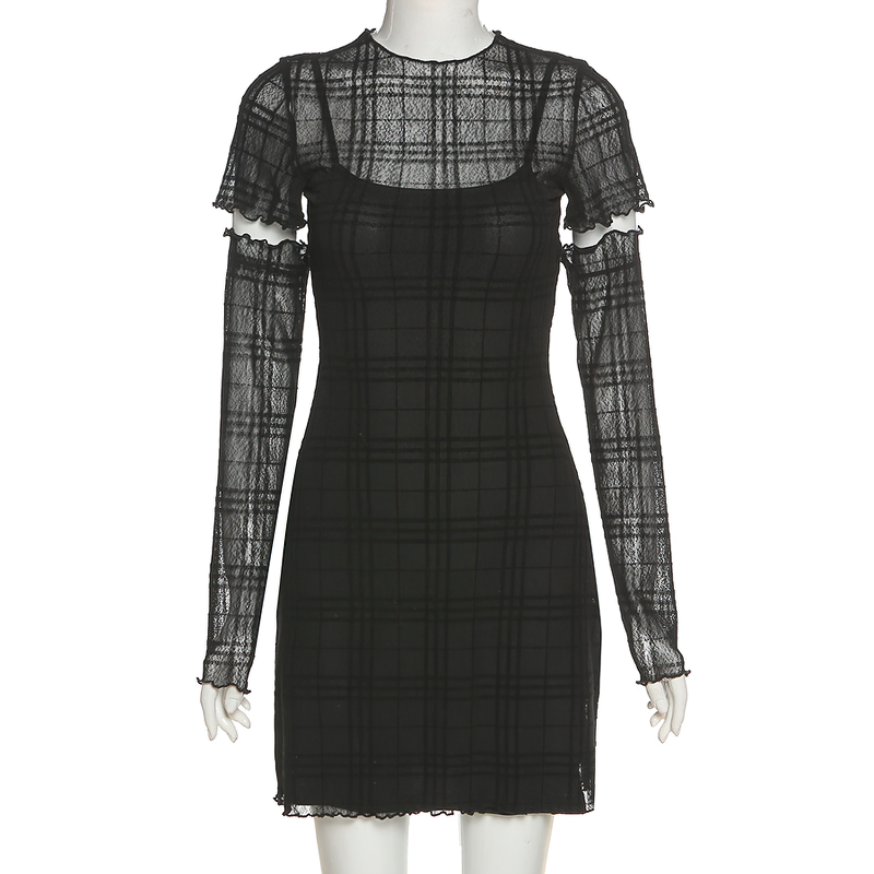 Gothic-style plaid mini black dress with removable sleeves, perfect for casual chic looks.