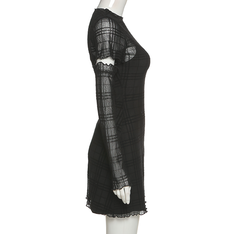 Fashion Plaid Mini Black Dress in Gothic Style / Casual Slim Dress with Removable Sleeves - HARD'N'HEAVY