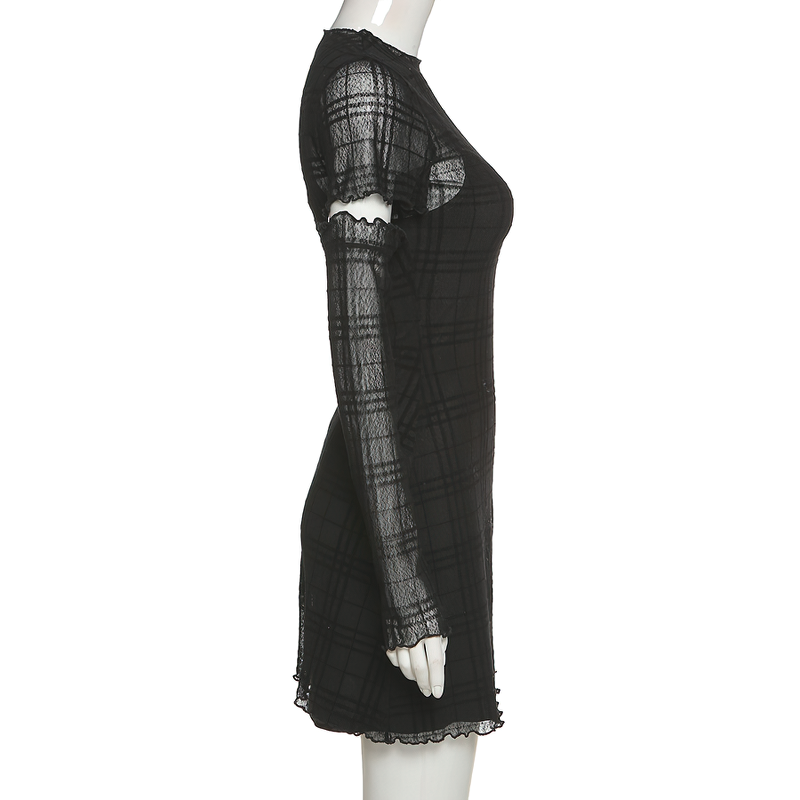 Fashion plaid mini black dress, Gothic style, featuring removable sleeves and a fun O-neck design.