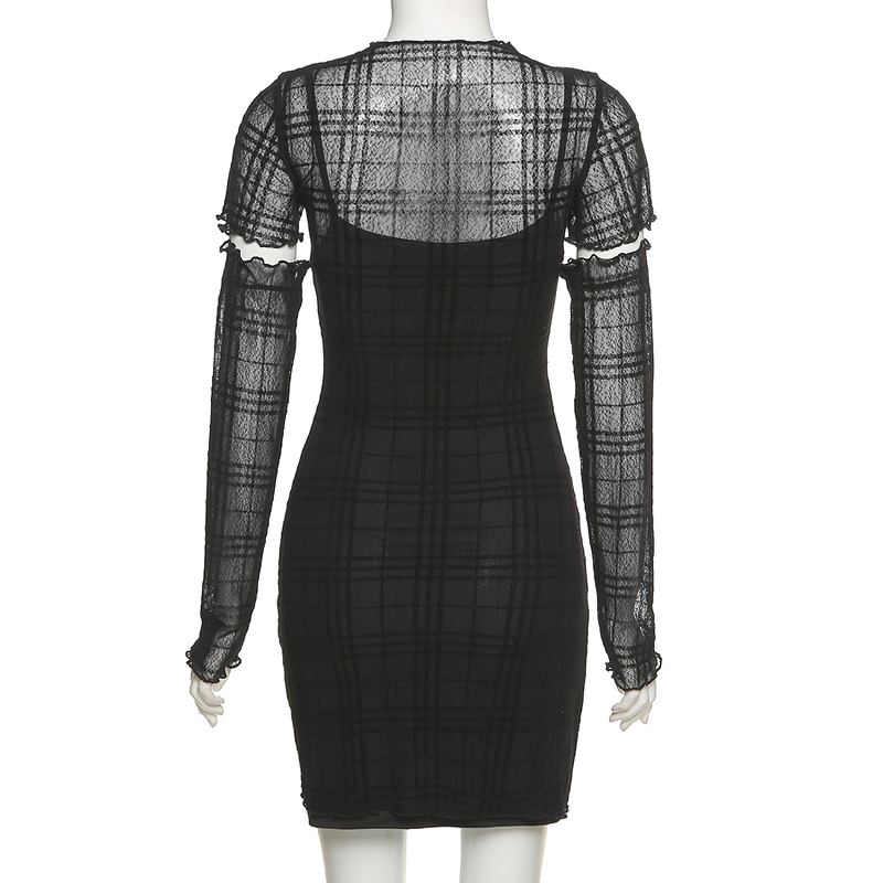 Back view of a fashion plaid mini black dress in gothic style with removable sleeves and a fitted silhouette.