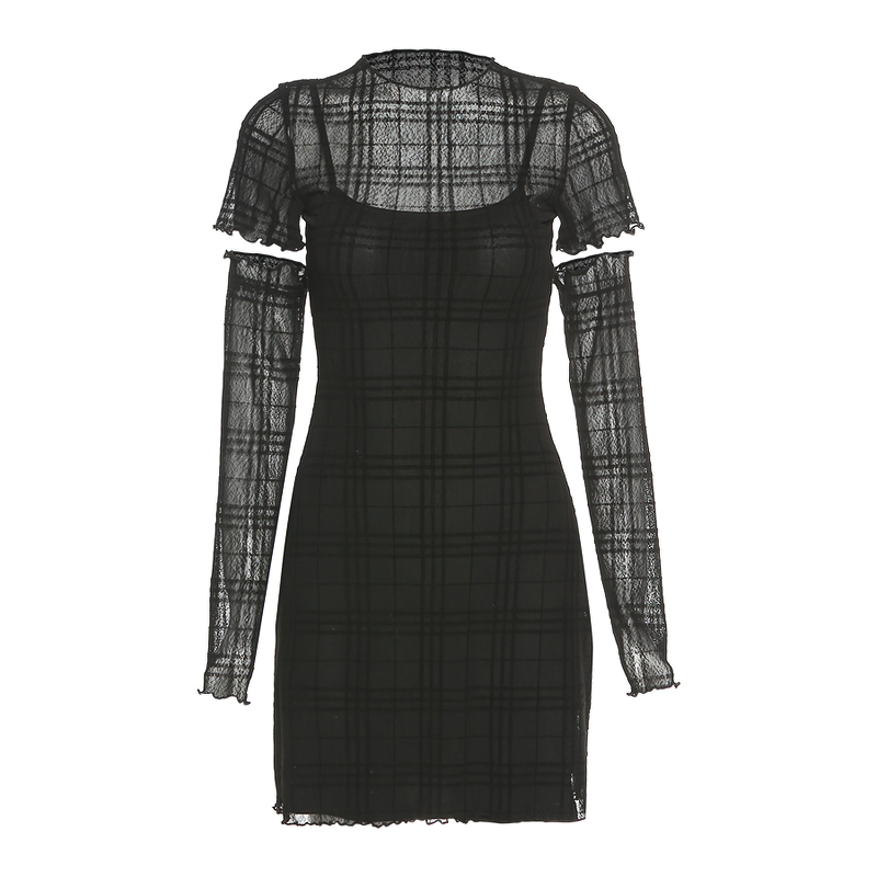 Fashion plaid mini black dress in gothic style with removable sleeves and O-neck, perfect for casual outfits.