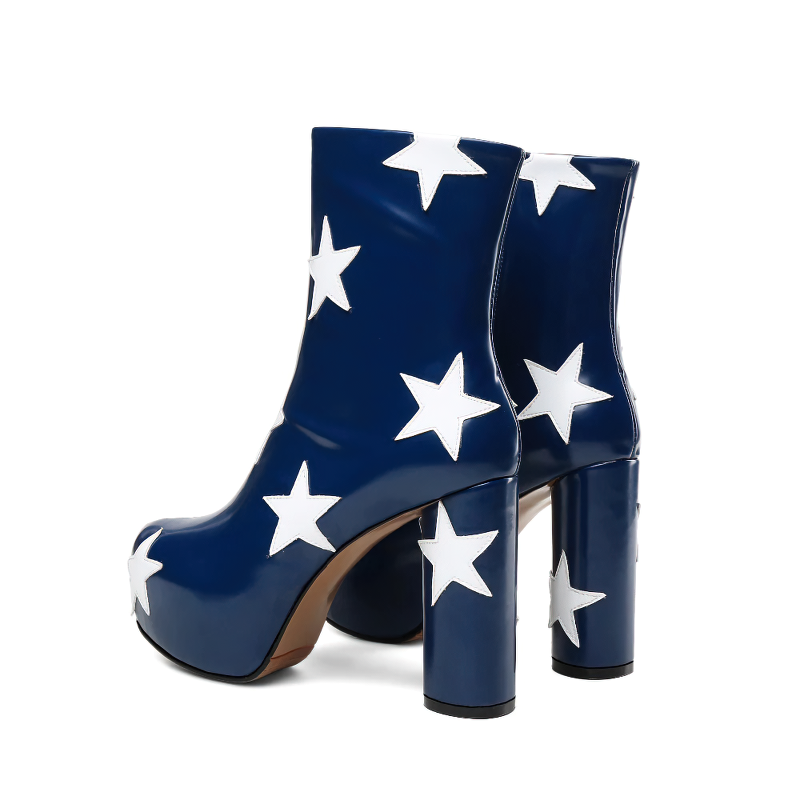 Fashion Platform Ankle Boots For Women / Star Print PU Leather High Heels Shoes - HARD'N'HEAVY