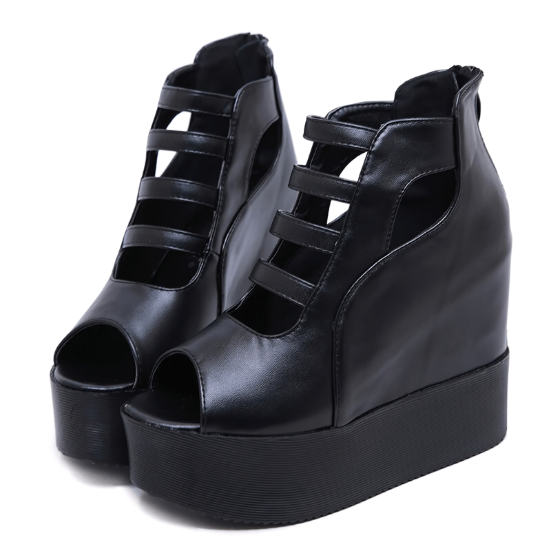 Stylish black open-toe platform sandals for women with breathable cutouts and back zipper.