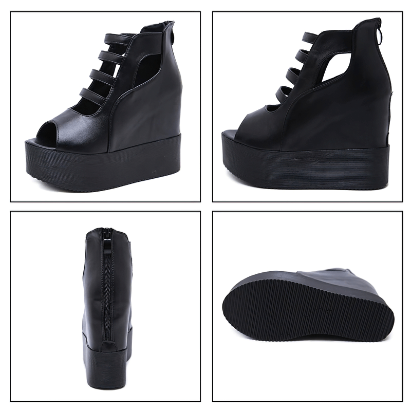 Open toe black platform sandals for women with back zipper and breathable hollow out design, stylish casual footwear.