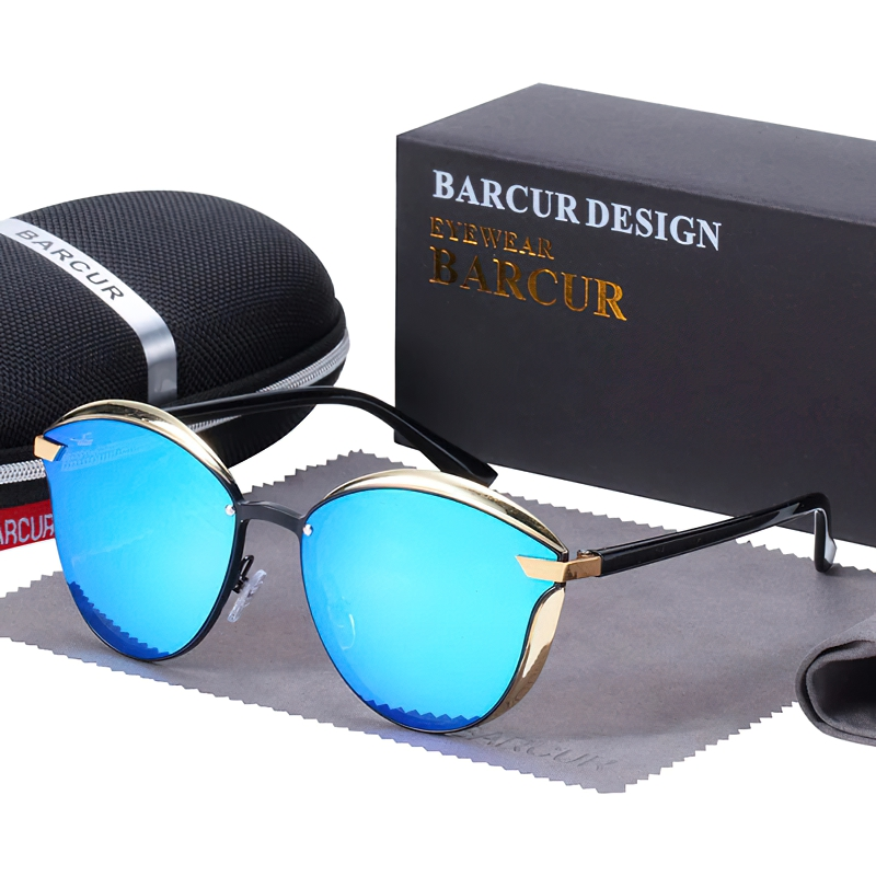 Stylish women's polarized cat eyes sunglasses with blue lenses in a protective case, perfect for casual looks.