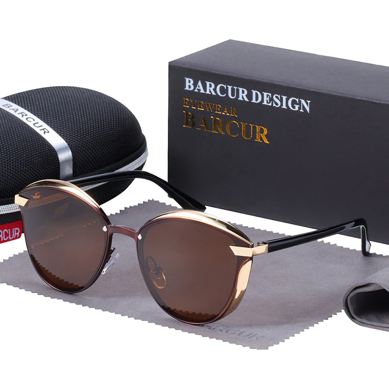 Fashionable polarized cat-eye sunglasses for women in elegant packaging with case and cloth.