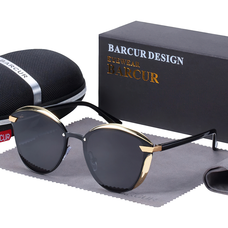 Fashionable polarized cat-eye sunglasses by Barcur with a stylish case and cleaning cloth.