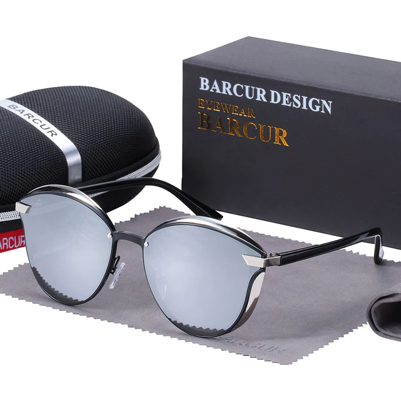 Fashionable polarized cat-eye sunglasses for women with stylish case and cleaning cloth.