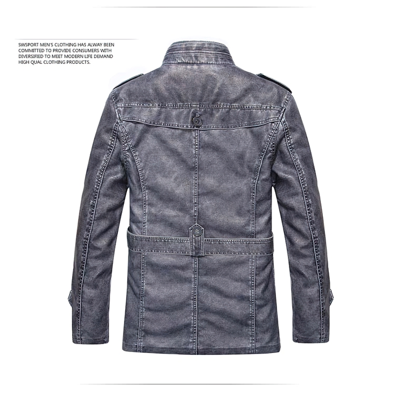 Stylish men's grey PU leather jacket showcasing a trendy back design with waist belt for a perfect casual streetwear look.