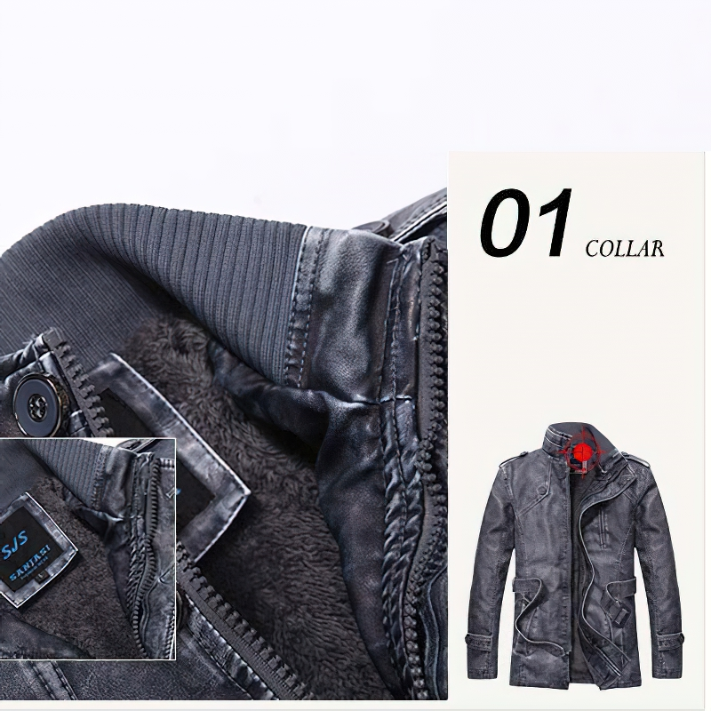 Close-up of fashionable men's PU leather jacket collar, showcasing stylish lining and brand label detail.