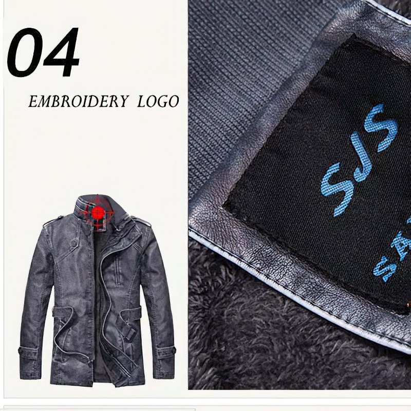 Men's stylish PU leather jacket with adjustable waist belt and embroidered logo detail.