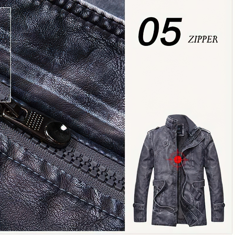 Close-up of zipper detail on a stylish men's PU leather jacket in casual streetwear design.