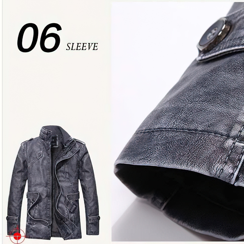 Close-up of a stylish men's PU leather jacket sleeve, showcasing premium materials and trendy design.