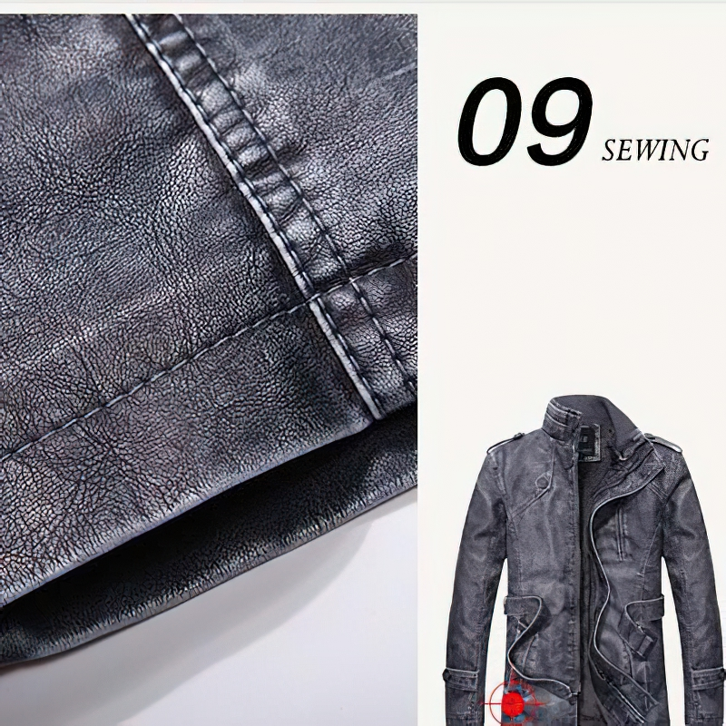 Close-up of the stylish sewing detail on a gray PU leather jacket for men, showcasing quality craftsmanship.