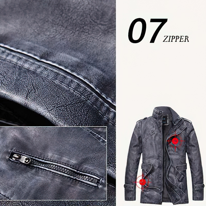 Close-up of a stylish men's PU leather jacket with a zipper detail and collar, showcasing its trendy design.
