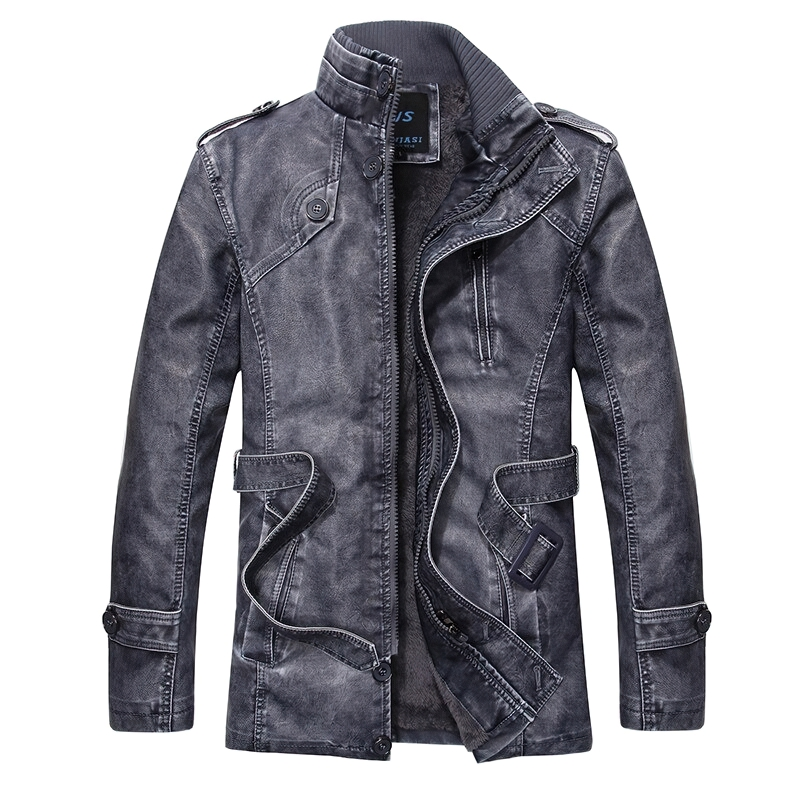 Stylish gray PU leather jacket for men with waist belt, perfect for casual streetwear and trendy outfits.