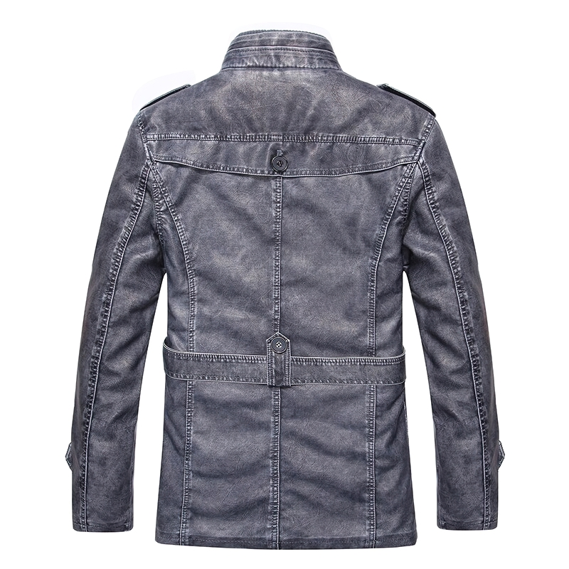 Back view of a stylish men's PU leather jacket featuring a waist belt, perfect for casual streetwear.
