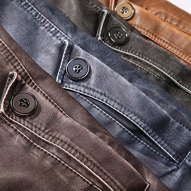 Close-up of men's fashionable PU leather jacket buttons in various colors for stylish casual streetwear.