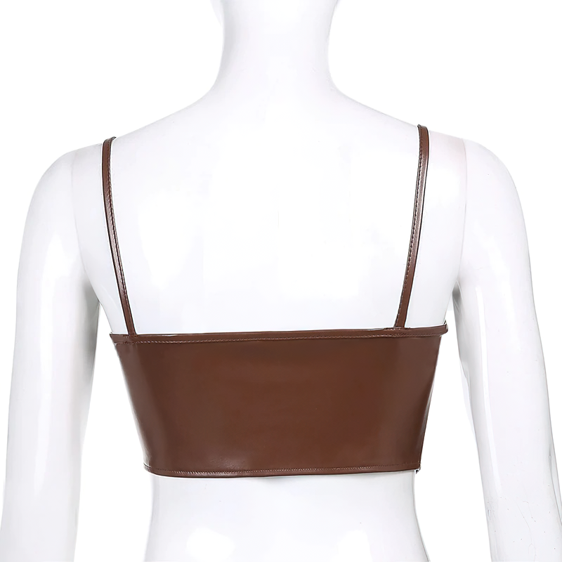 Brown PU leather sleeveless tank top showcasing back view with thin straps, perfect for trendy fashion looks.