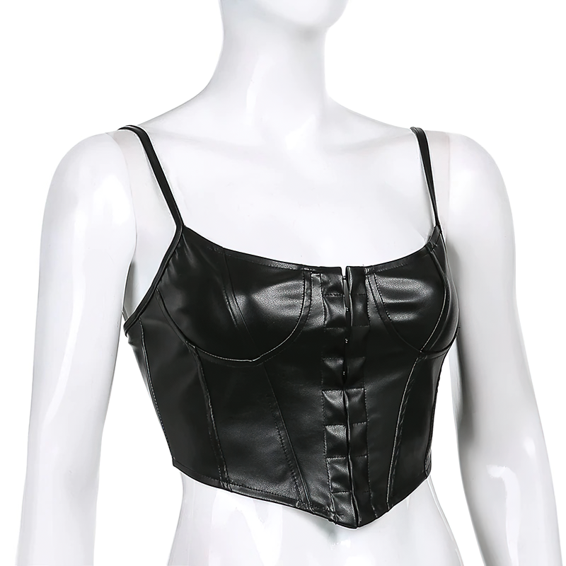 Trendy PU leather sleeveless tank top for women featuring a shiny finish and stylish button-up design.