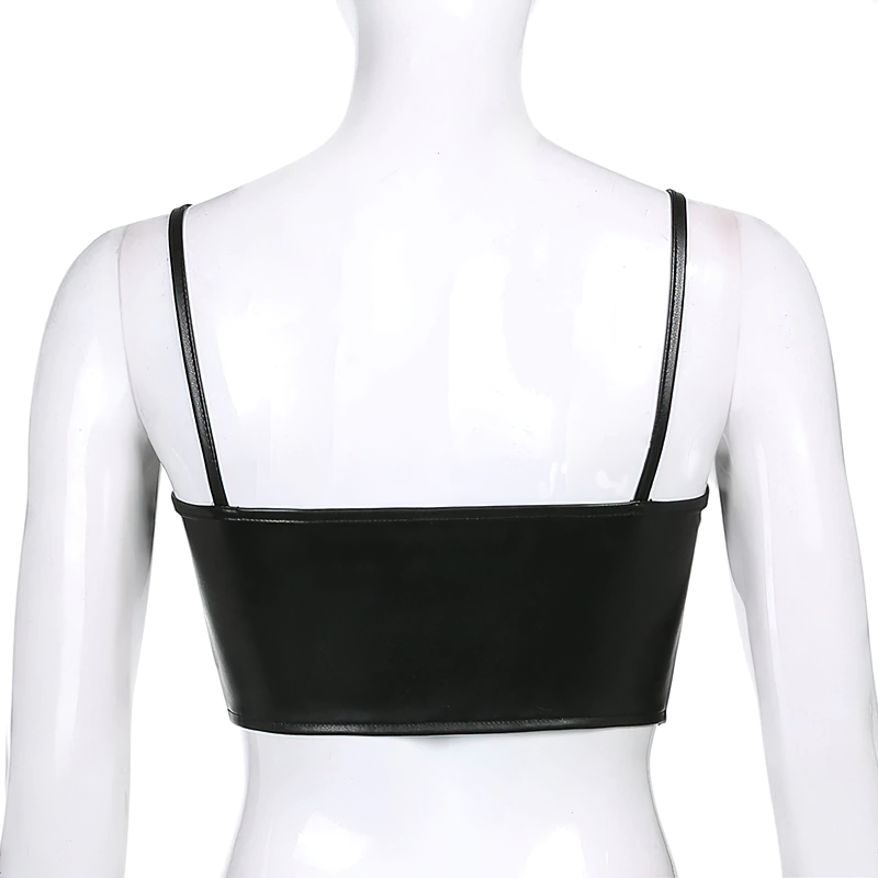 Back view of a sleek black PU leather sleeveless tank top with thin straps, showcasing a trendy and stylish design.