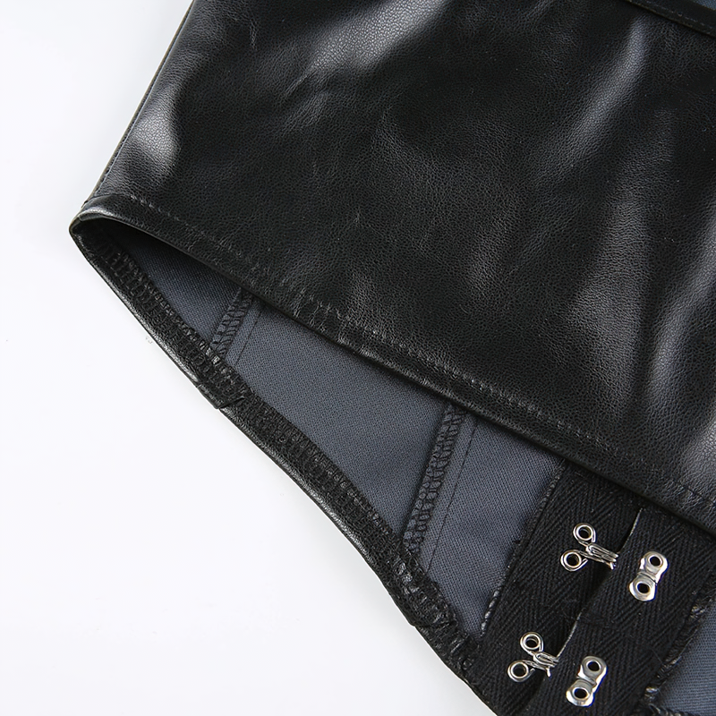 Close-up of a black PU leather sleeveless tank top showing button details and shiny finish.