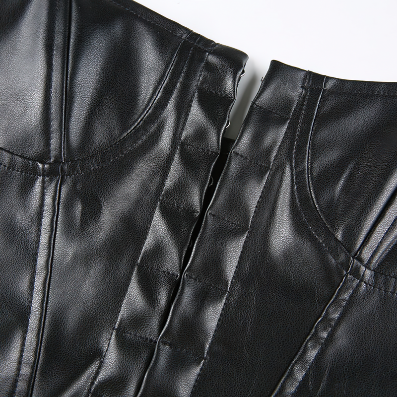 Close-up of a black PU leather sleeveless tank top showcasing its button-up design and stylish corset style.