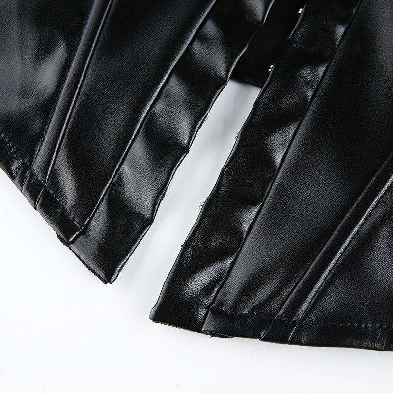 Close-up of black PU leather sleeveless tank top detailing, showcasing its glossy texture and stylish button design.