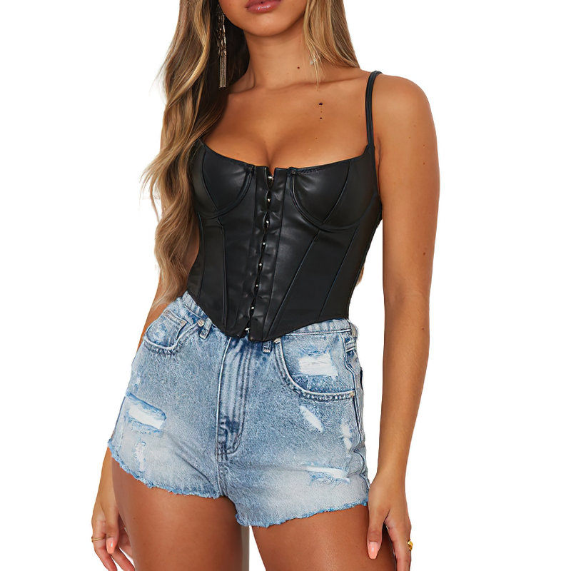 Trendy PU leather sleeveless corset crop top paired with distressed denim shorts for a stylish summer look.