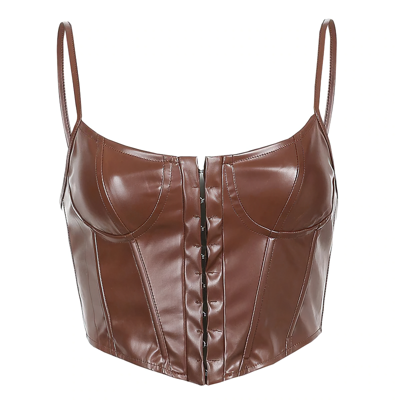 Brown PU leather sleeveless corset crop top with button details and adjustable straps, perfect for trendy outfits.