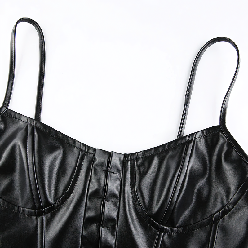 Close-up of a trendy black PU leather sleeveless tank top with button detail and thin straps.