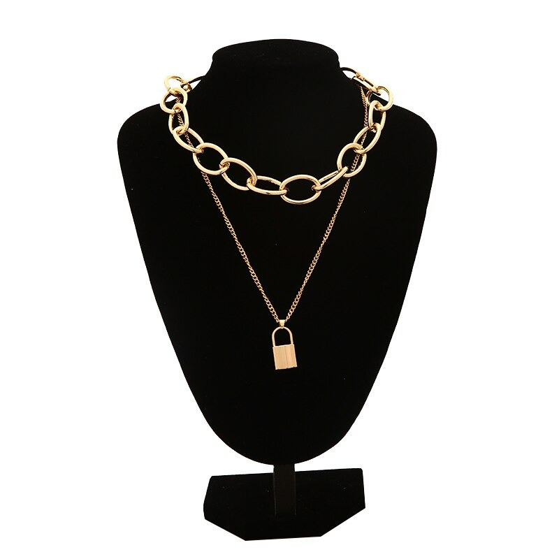 Chunky gold punk chain necklace with lock pendant, perfect for alternative and classy outfits.