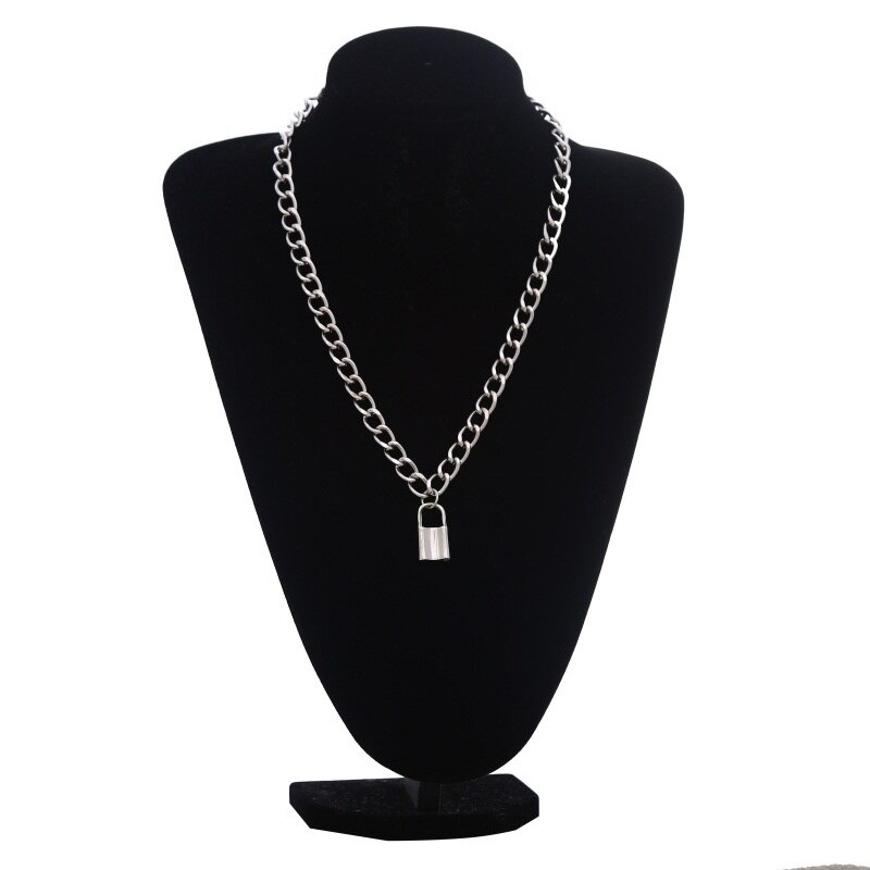 Fashion punk chain necklace featuring a chunky chain and lock pendant, perfect for alternative and classy outfits.