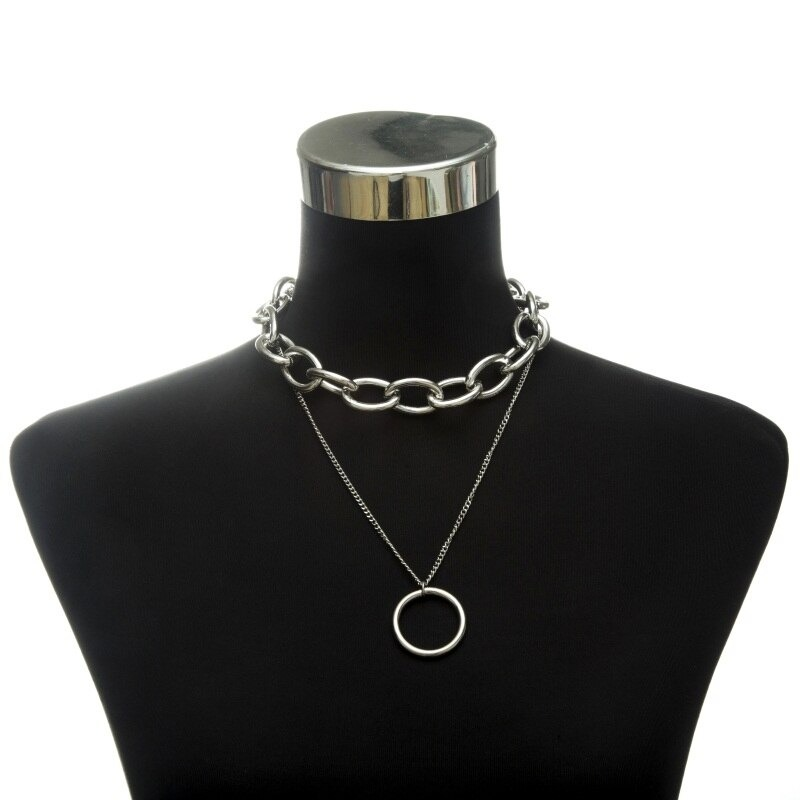 Chunky punk chain necklace with lock pendant displayed on a black mannequin, perfect for alternative fashion.