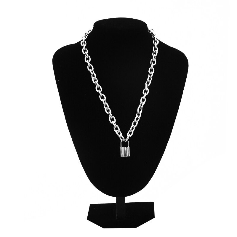 Fashion punk chunky chain necklace with lock pendant displayed on a black bust mannequin.