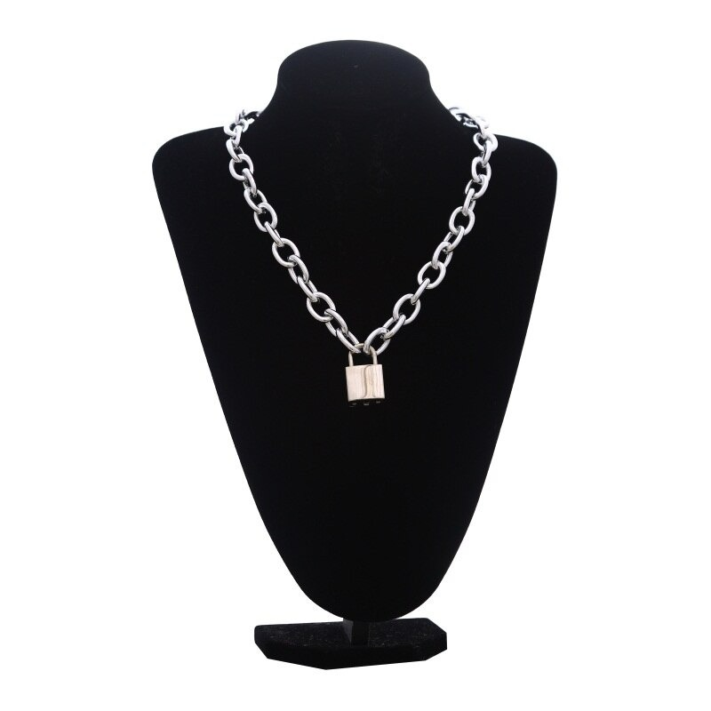 Fashion punk chunky chain necklace with lock pendant displayed on a black mannequin bust.