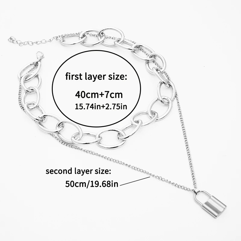 Fashion punk chain necklace with lock pendant, featuring two layered chains and size measurements.