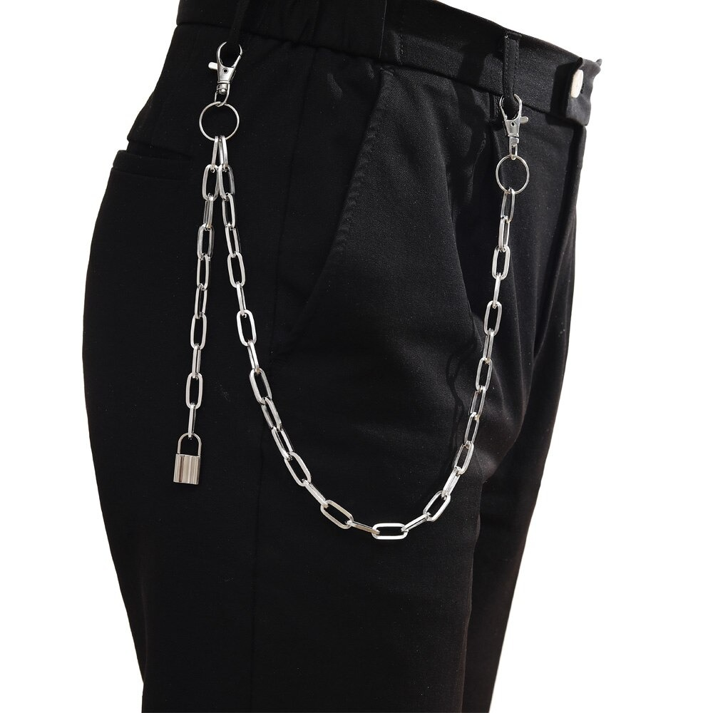 Double layer punk style chains hooked on black pants, adding edgy flair with zinc alloy quality and trendy design.