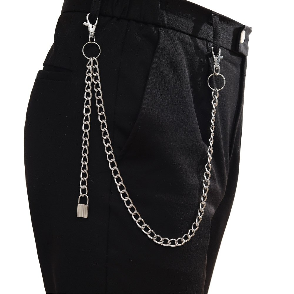 Double layer punk chains hooked on black pants, stylish zinc alloy accessory for trendy outfits.