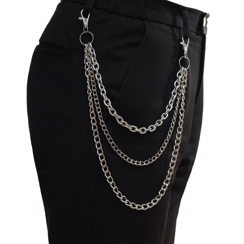 Double layer punk chains hooked on black pants, adding trendy flair to your outfit.