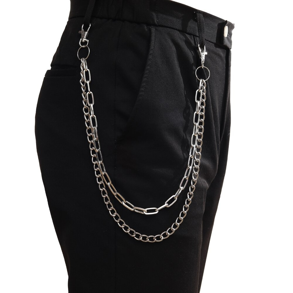 Double layer punk chains hooked on black pants, trendy zinc alloy accessory for a stylish look.
