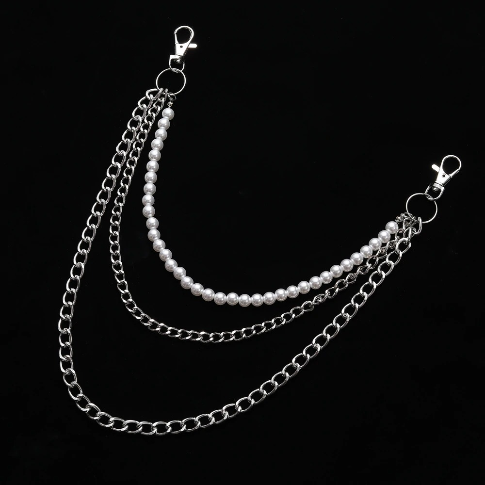 Stylish double layer punk chains with hooks, featuring sleek silver chains and elegant pearls, perfect for pants or jeans.