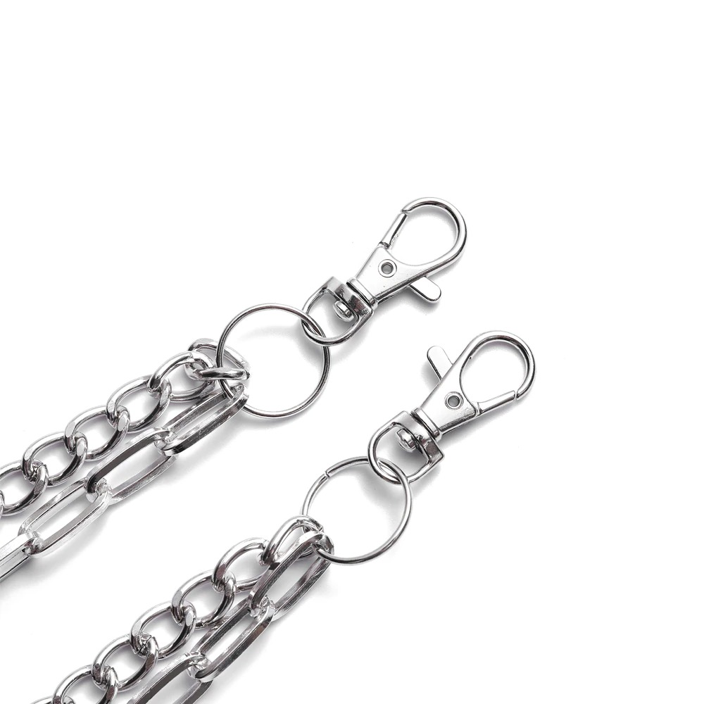 Close-up of double layer punk chains with clips for styling jeans, shorts, or skirts in stylish zinc alloy.