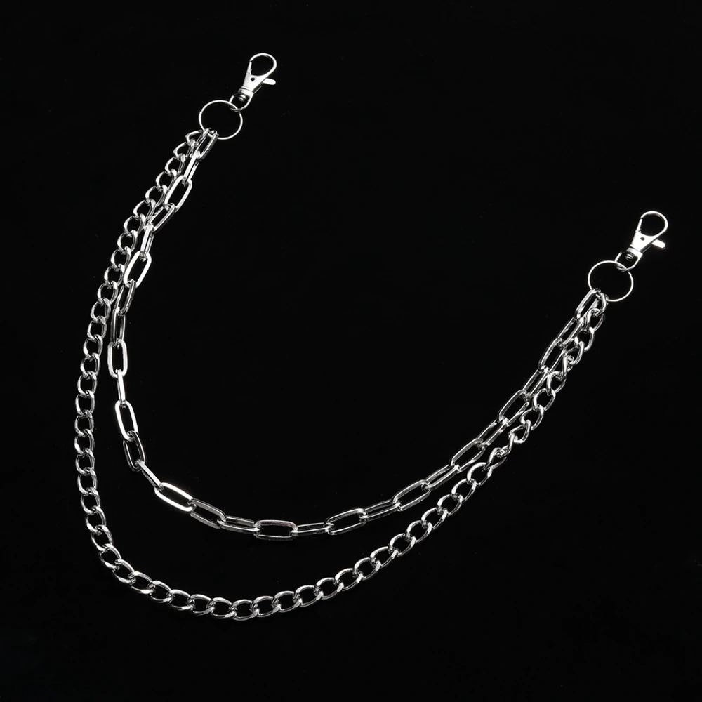 Double layer punk chains for jeans in shiny silver, perfect for adding a trendy touch to any outfit.