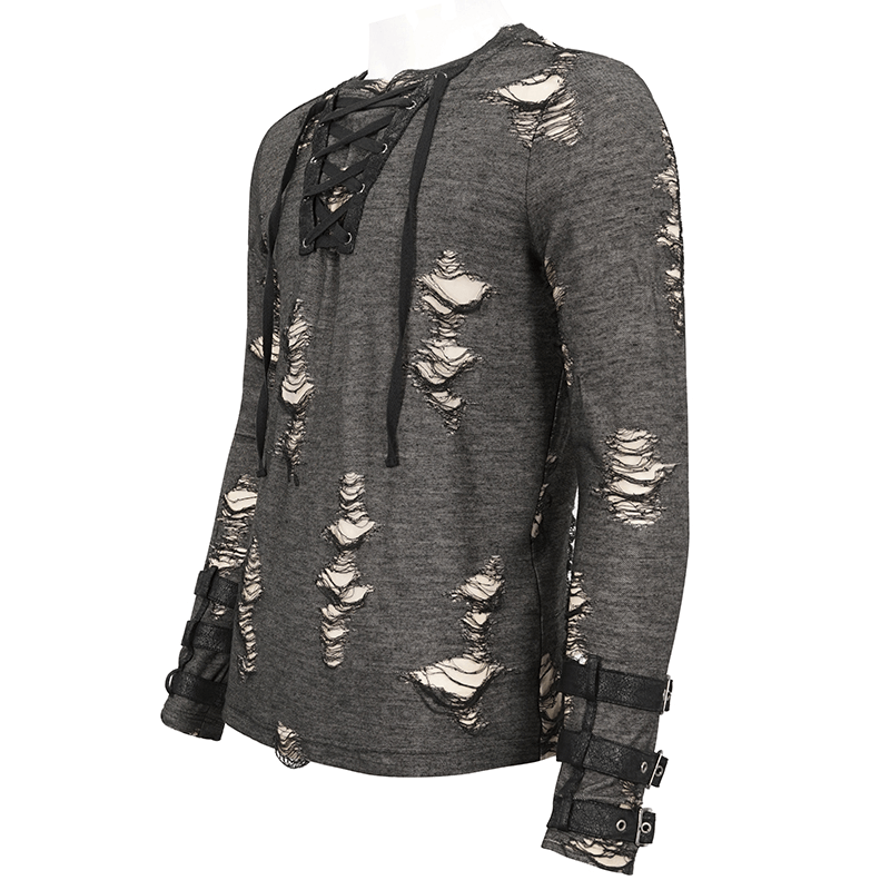 Men's long sleeve ripped punk sweatshirt with lace-up neckline and edgy design.