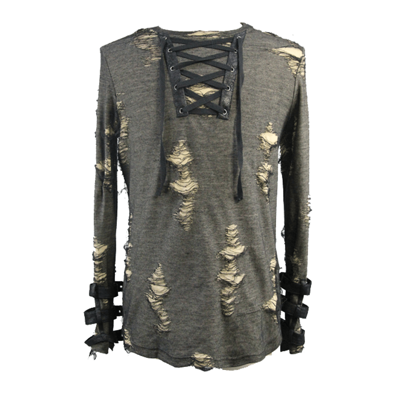Men's long sleeve ripped sweatshirt with lace-up design, perfect for punk outfits and bold fashion statements.