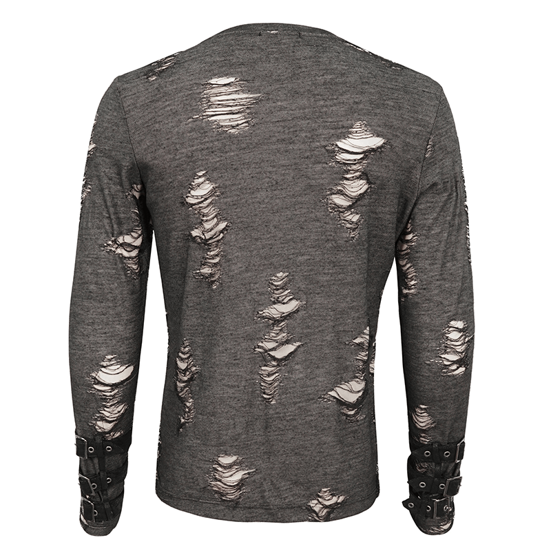 Back view of a men's long sleeve ripped sweatshirt in punk style, featuring distressed fabric and lace-up details.