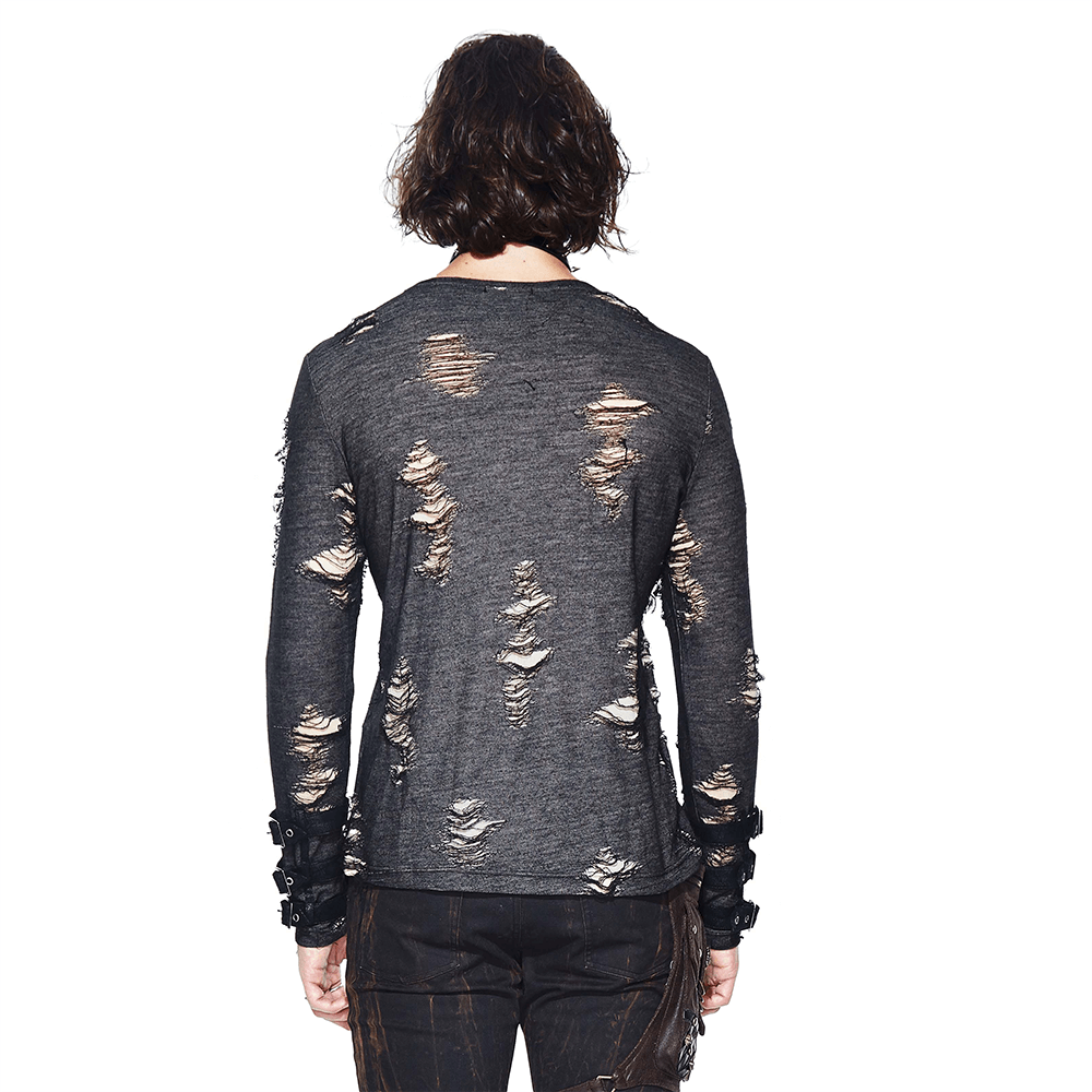 Back view of a men's ripped sweatshirt in punk style, showcasing distressed fabric and modern cut for edgy outfits.